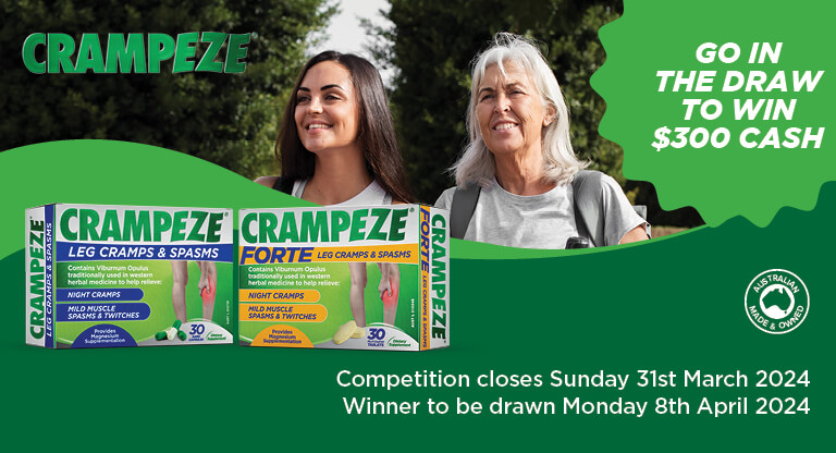 Crampeze & Crampeze Forte leg cramp relief capsule and tablet boxes with two women against a green background. Text: Enter to win 0 cash.